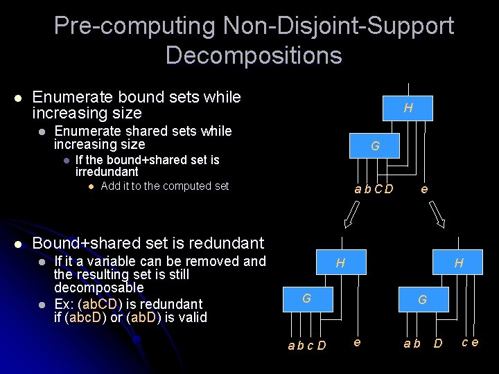 Pre-computing Non-Disjoint-Support Decompositions l Enumerate bound sets while increasing size l Enumerate shared sets