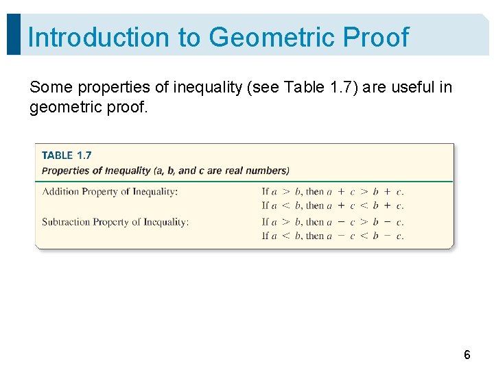 Introduction to Geometric Proof Some properties of inequality (see Table 1. 7) are useful