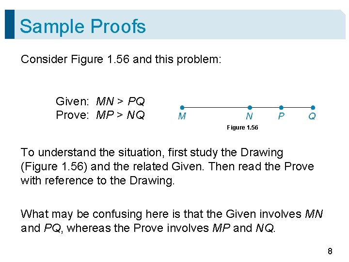 Sample Proofs Consider Figure 1. 56 and this problem: Given: MN > PQ Prove: