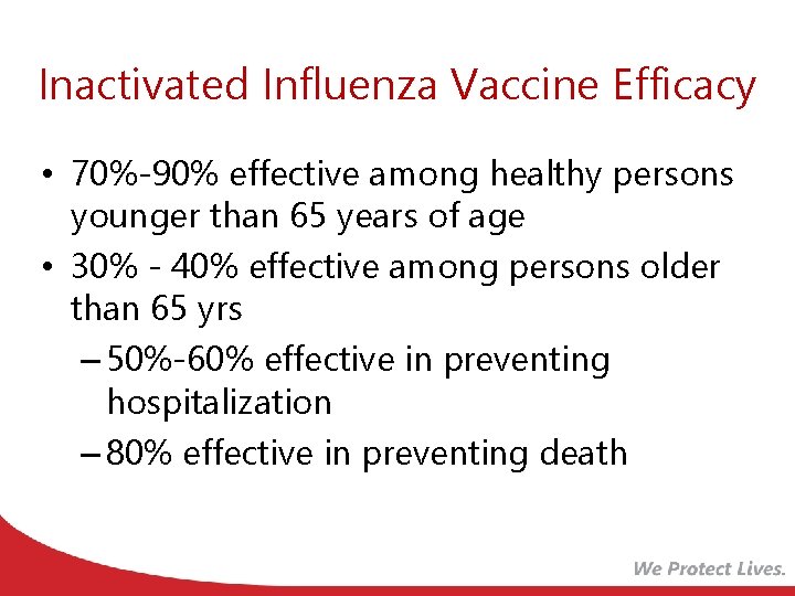 Inactivated Influenza Vaccine Efficacy • 70%-90% effective among healthy persons younger than 65 years