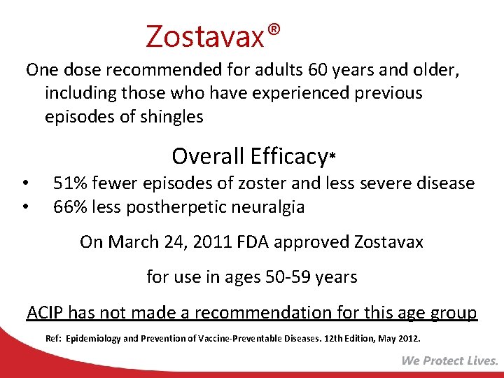 Zostavax® One dose recommended for adults 60 years and older, including those who have