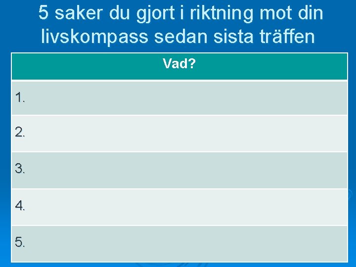 5 saker du gjort i riktning mot din livskompass sedan sista träffen Vad? 1.