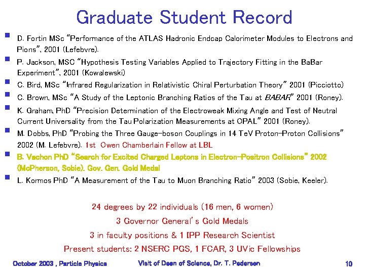 § § § § Graduate Student Record D. Fortin MSc “Performance of the ATLAS