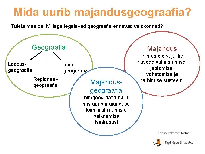 Mida uurib majandusgeograafia? Tuleta meelde! Millega tegelevad geograafia erinevad valdkonnad? Geograafia Loodusgeograafia Majandus Inimgeograafia