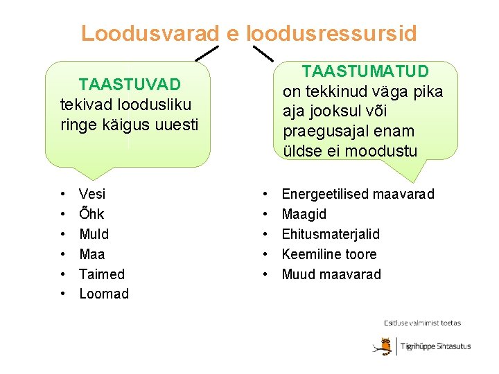 Loodusvarad e loodusressursid TAASTUMATUD on tekkinud väga pika aja jooksul või praegusajal enam üldse