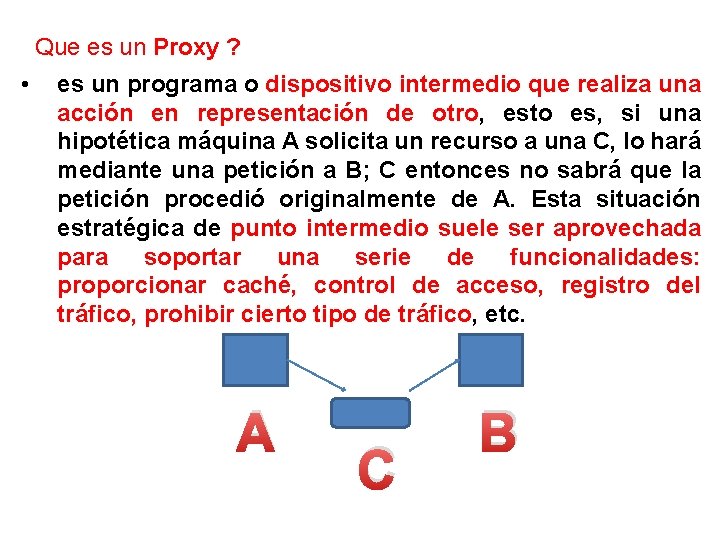 Que es un Proxy ? • es un programa o dispositivo intermedio que realiza