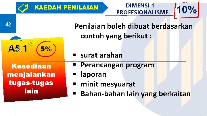 KAEDAH PENILAIAN 42 A 5. 1 DIMENSI 1 – PROFESIONALISME 10% Penilaian boleh dibuat