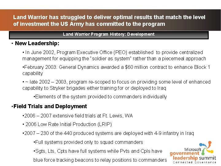 Land Warrior has struggled to deliver optimal results that match the level of investment Land Warrior has struggled to deliver optimal results that match the level of investment