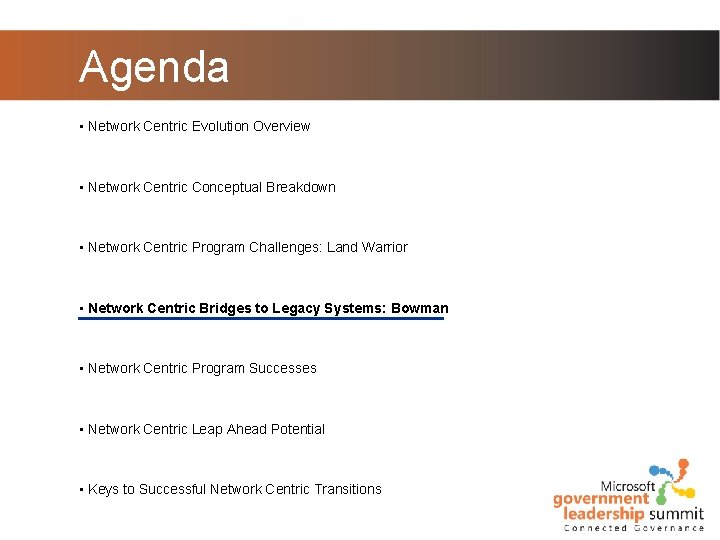 Agenda • Network Centric Evolution Overview • Network Centric Conceptual Breakdown • Network Centric Agenda • Network Centric Evolution Overview • Network Centric Conceptual Breakdown • Network Centric