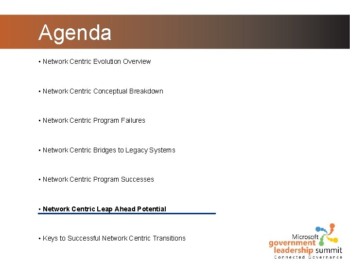 Agenda • Network Centric Evolution Overview • Network Centric Conceptual Breakdown • Network Centric Agenda • Network Centric Evolution Overview • Network Centric Conceptual Breakdown • Network Centric
