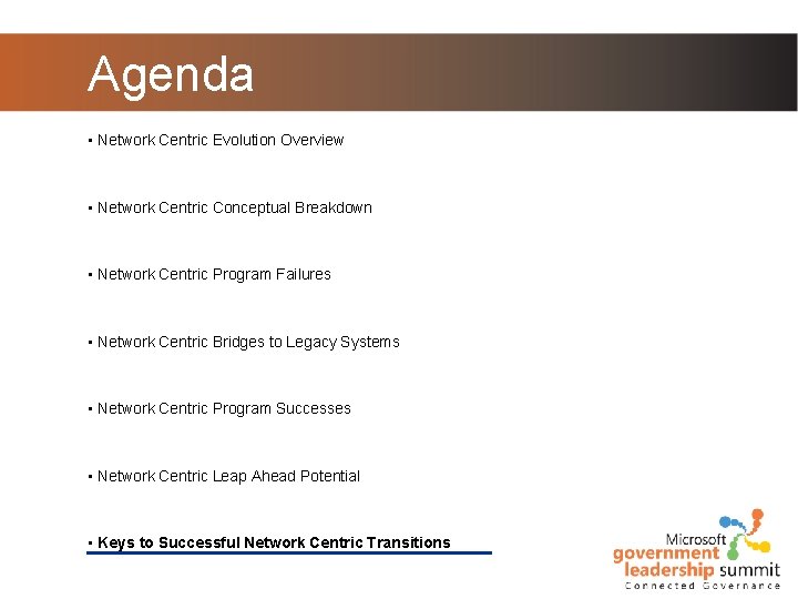 Agenda • Network Centric Evolution Overview • Network Centric Conceptual Breakdown • Network Centric Agenda • Network Centric Evolution Overview • Network Centric Conceptual Breakdown • Network Centric
