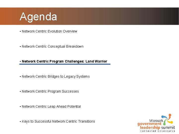Agenda • Network Centric Evolution Overview • Network Centric Conceptual Breakdown • Network Centric Agenda • Network Centric Evolution Overview • Network Centric Conceptual Breakdown • Network Centric