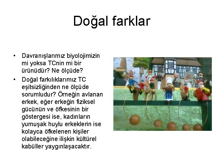 Doğal farklar • Davranışlarımız biyolojimizin mi yoksa TCnin mi bir ürünüdür? Ne ölçüde? •