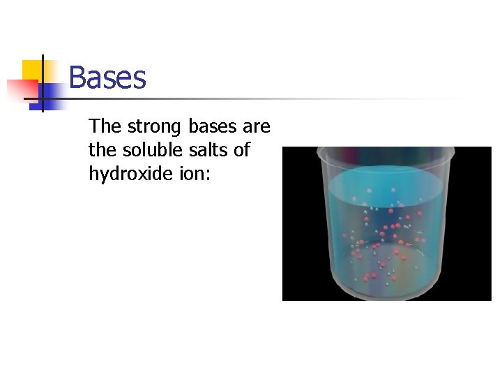 Bases The strong bases are the soluble salts of hydroxide ion: 