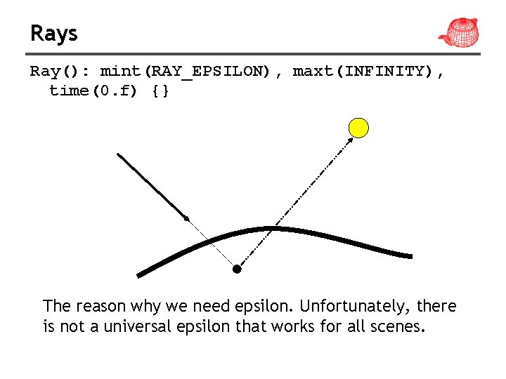 Rays Ray(): mint(RAY_EPSILON), maxt(INFINITY), time(0. f) {} The reason why we need epsilon. Unfortunately,