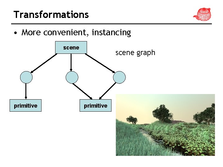 Transformations • More convenient, instancing scene primitive scene graph primitive 