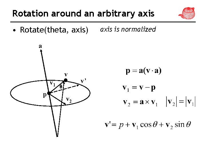 Rotation around an arbitrary axis • Rotate(theta, axis) a v v 1 p θ