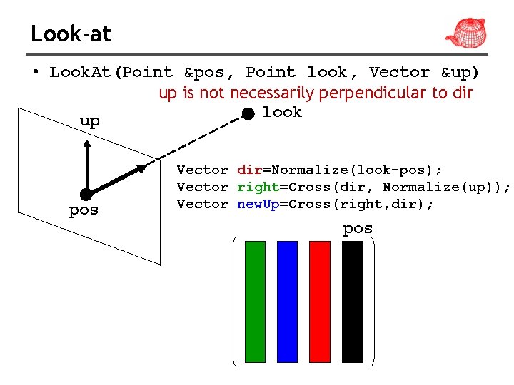 Look-at • Look. At(Point &pos, Point look, Vector &up) up is not necessarily perpendicular