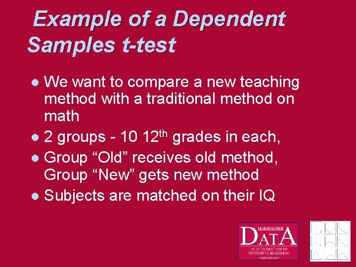 Example of a Dependent Samples t-test We want to compare a new teaching method