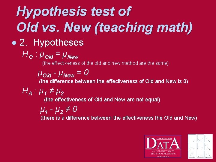 Hypothesis test of Old vs. New (teaching math) l 2. Hypotheses HO : μOld
