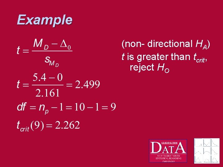 Example (non- directional HA) t is greater than tcrit, reject HO 