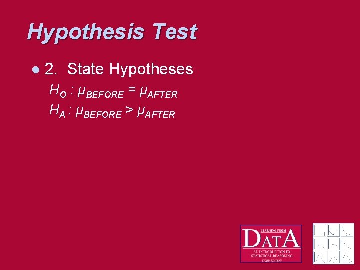 Hypothesis Test l 2. State Hypotheses HO : μBEFORE = μAFTER HA : μBEFORE