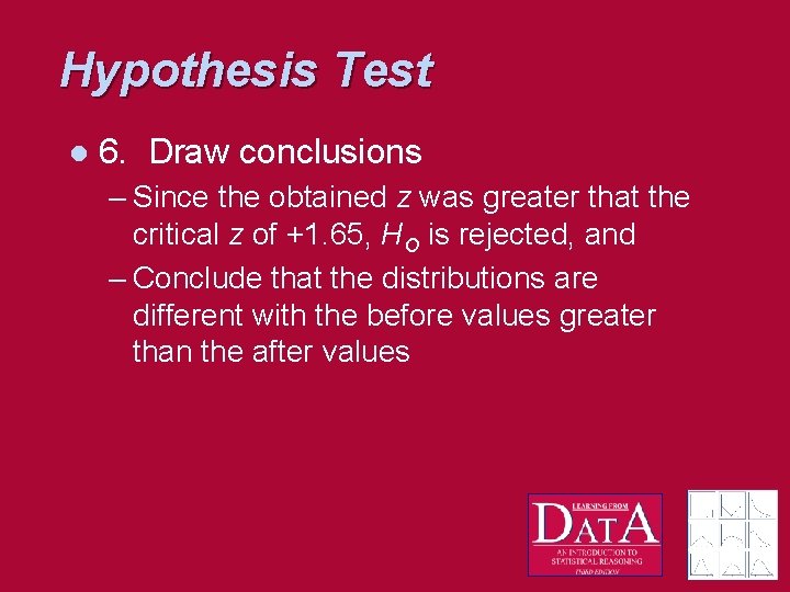 Hypothesis Test l 6. Draw conclusions – Since the obtained z was greater that