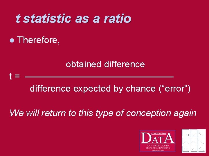 t statistic as a ratio l Therefore, obtained difference t = ———————— difference expected