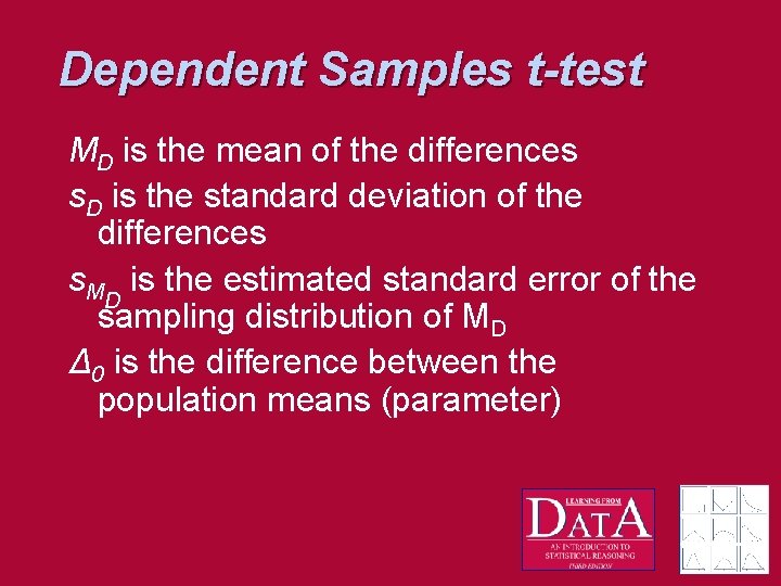 Dependent Samples t-test MD is the mean of the differences s. D is the