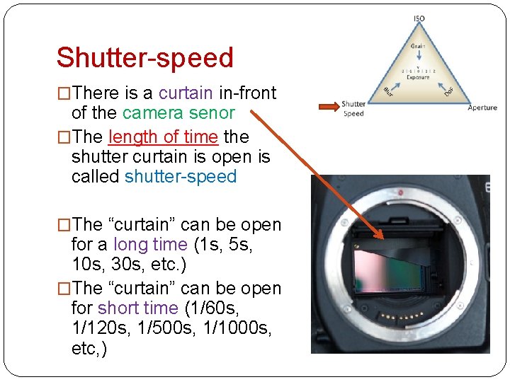Shutter-speed �There is a curtain in-front of the camera senor �The length of time