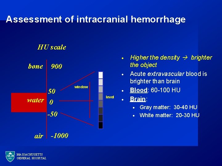 Assessment of intracranial hemorrhage HU scale · bone 900 · 50 water 0 -50