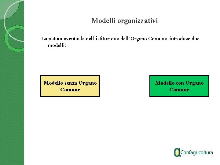 Modelli organizzativi La natura eventuale dell’istituzione dell’Organo Comune, introduce due modelli: Modello senza Organo