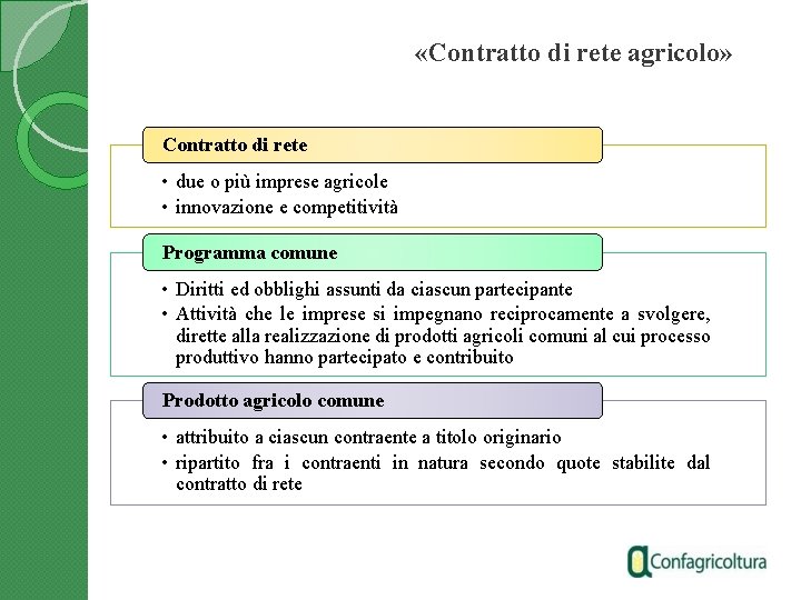  «Contratto di rete agricolo» Contratto di rete • due o più imprese agricole