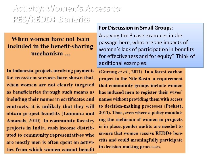 Activity: Women’s Access to PES/REDD+ Benefits For Discussion in Small Groups: Applying the 3