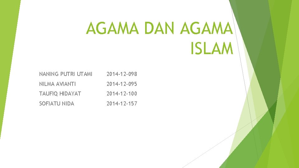 AGAMA DAN AGAMA ISLAM NANING PUTRI UTAMI 2014 -12 -098 NILMA AVIANTI 2014 -12