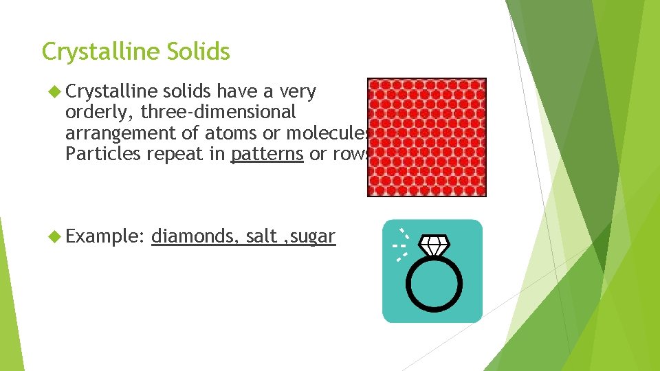 Crystalline Solids Crystalline solids have a very orderly, three-dimensional arrangement of atoms or molecules.