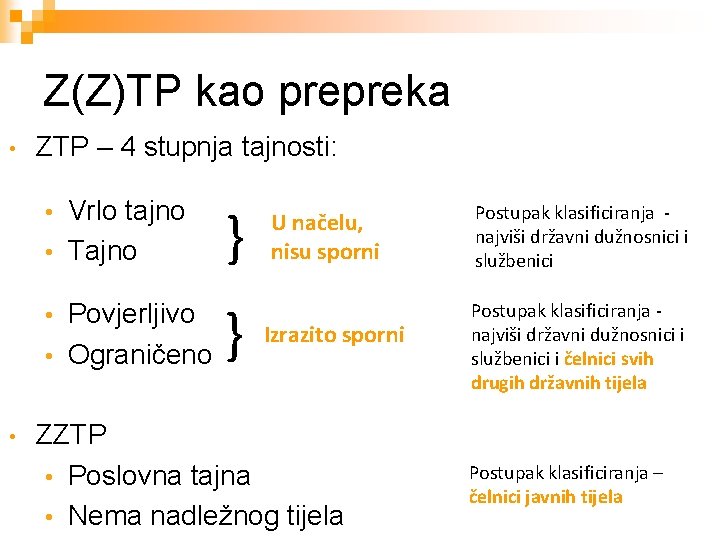 Z(Z)TP kao prepreka • ZTP – 4 stupnja tajnosti: • Vrlo tajno • Tajno