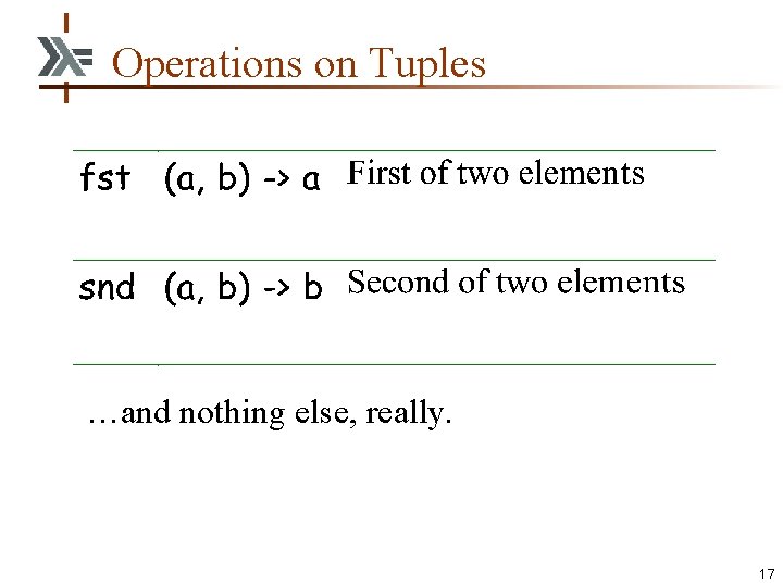 Operations on Tuples …and nothing else, really. 17 