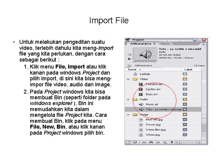 Import File • Untuk melakukan pengeditan suatu video, terlebih dahulu kita meng-import file yang