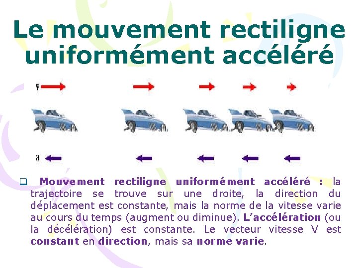 Le mouvement rectiligne uniformément accéléré q Mouvement rectiligne uniformément accéléré : la trajectoire se