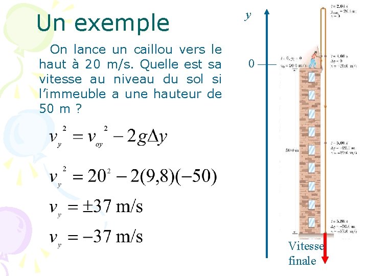 Un exemple On lance un caillou vers le haut à 20 m/s. Quelle est