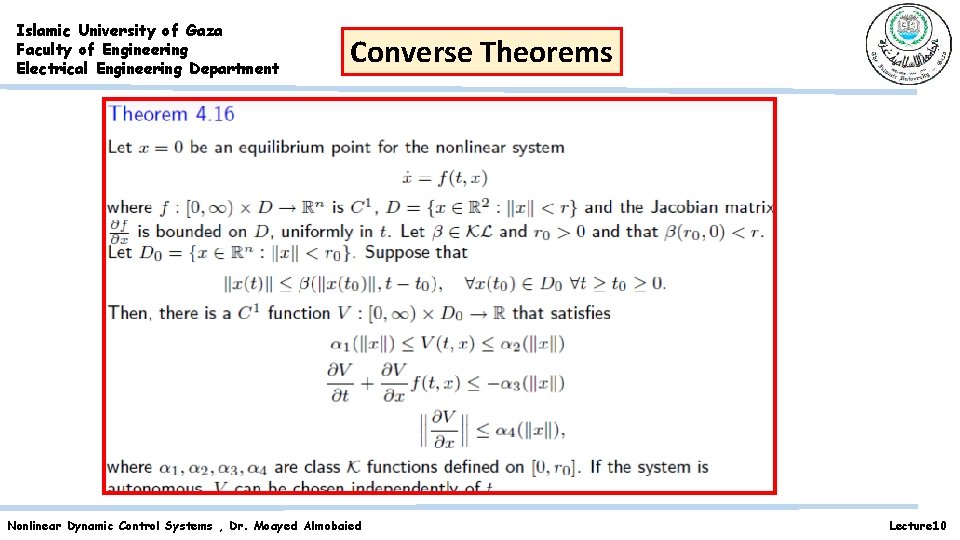 Islamic University of Gaza Faculty of Engineering Electrical Engineering Department Converse Theorems Nonlinear Dynamic