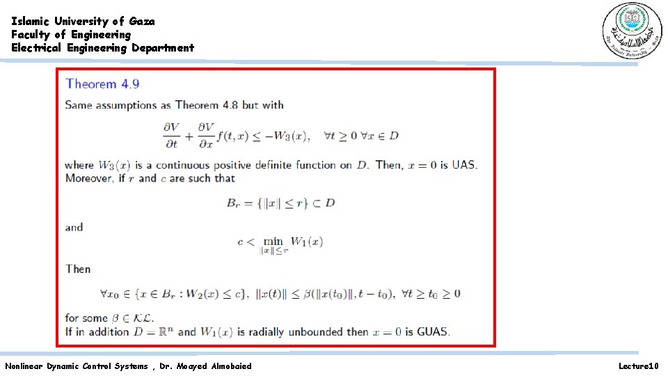 Islamic University of Gaza Faculty of Engineering Electrical Engineering Department Nonlinear Dynamic Control Systems