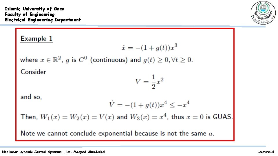 Islamic University of Gaza Faculty of Engineering Electrical Engineering Department Nonlinear Dynamic Control Systems