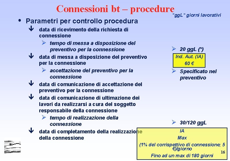 Connessioni bt – procedure“gg. L” giorni lavorativi Parametri per controllo procedura ê data di