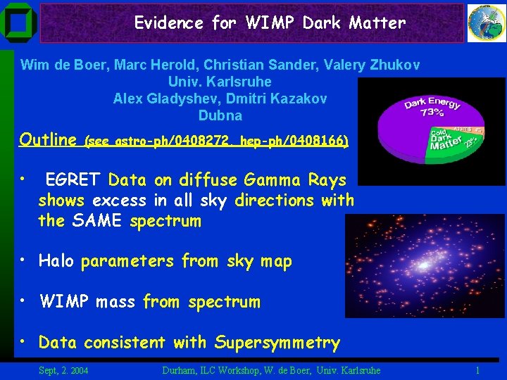 Evidence for WIMP Dark Matter Wim de Boer, Marc Herold, Christian Sander, Valery Zhukov