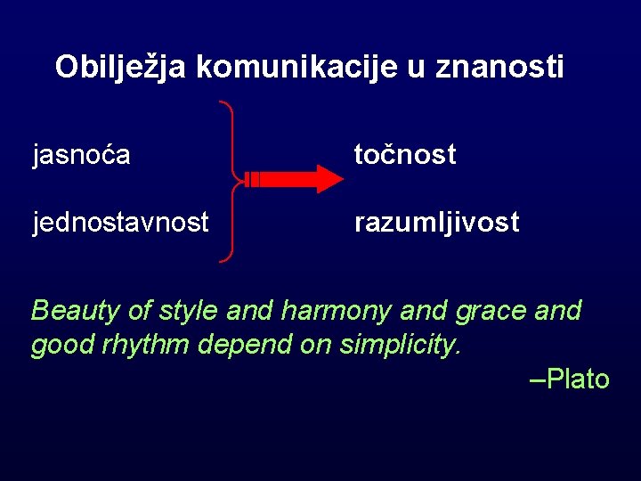 Obilježja komunikacije u znanosti jasnoća točnost jednostavnost razumljivost Beauty of style and harmony and