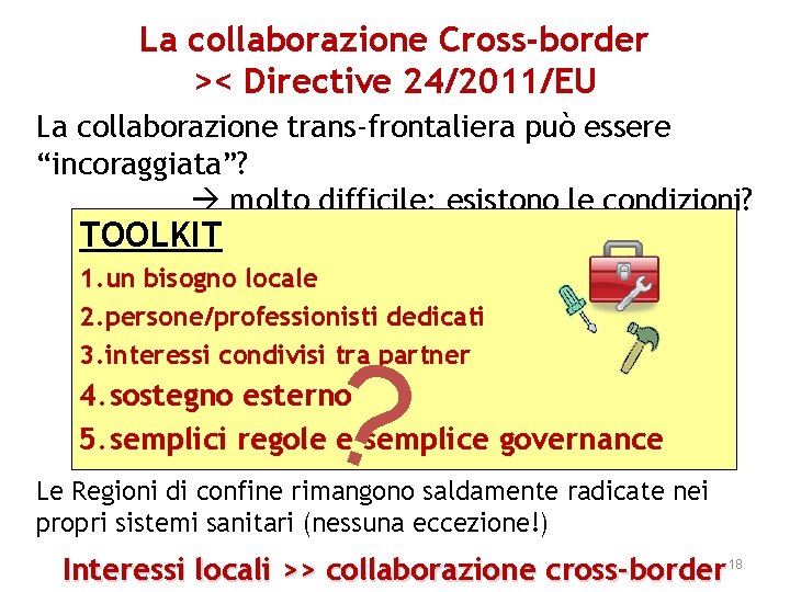 La collaborazione Cross-border >< Directive 24/2011/EU La collaborazione trans-frontaliera può essere “incoraggiata”? molto difficile;
