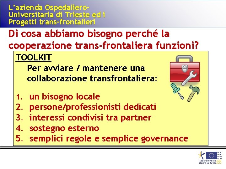 L’azienda Ospedaliero. Universitaria di Trieste ed i Progetti trans-frontalieri Di cosa abbiamo bisogno perché