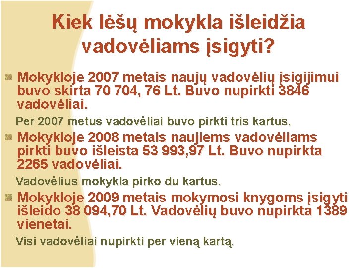 Kiek lėšų mokykla išleidžia vadovėliams įsigyti? Mokykloje 2007 metais naujų vadovėlių įsigijimui buvo skirta